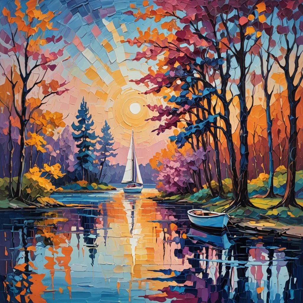 Sailboat on Lake: Abstract Expressionist Impasto Painting