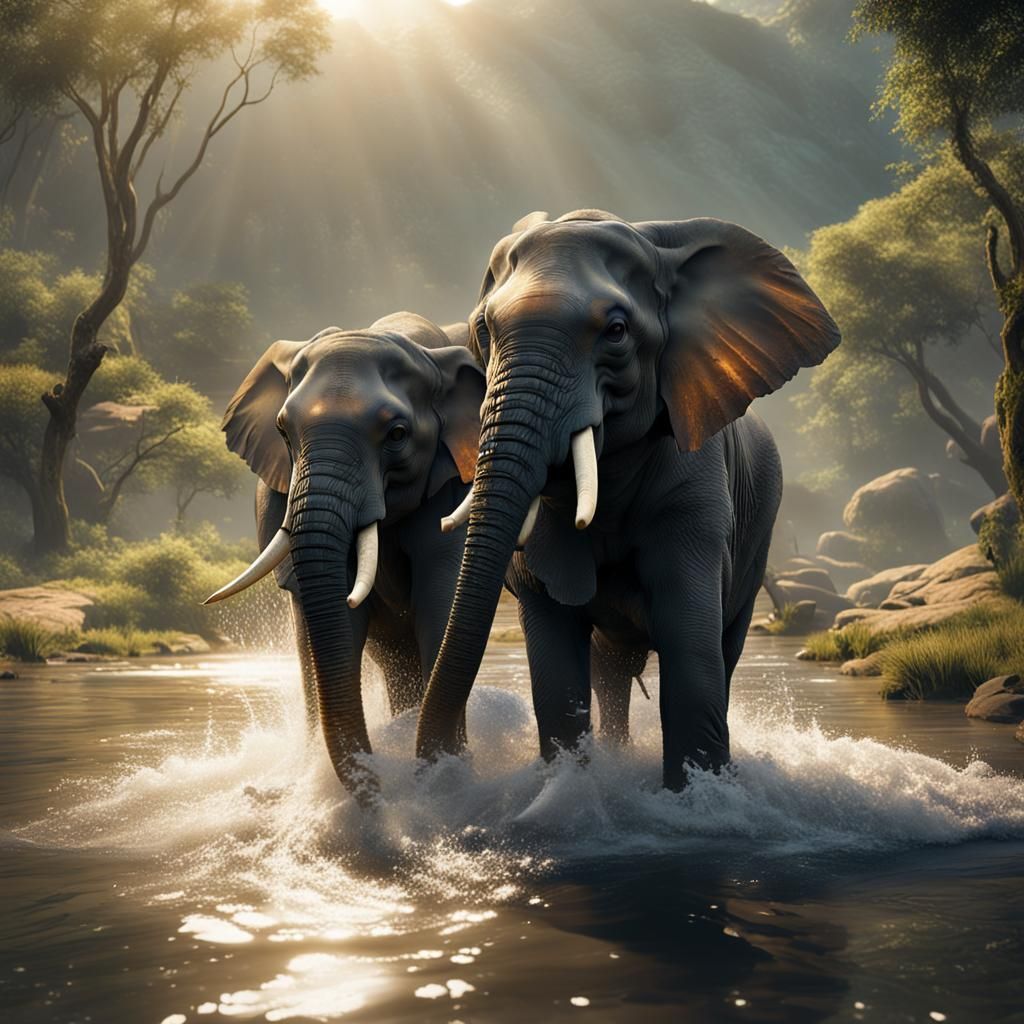 Elephants Play in River: Hyperrealistic 8k Art