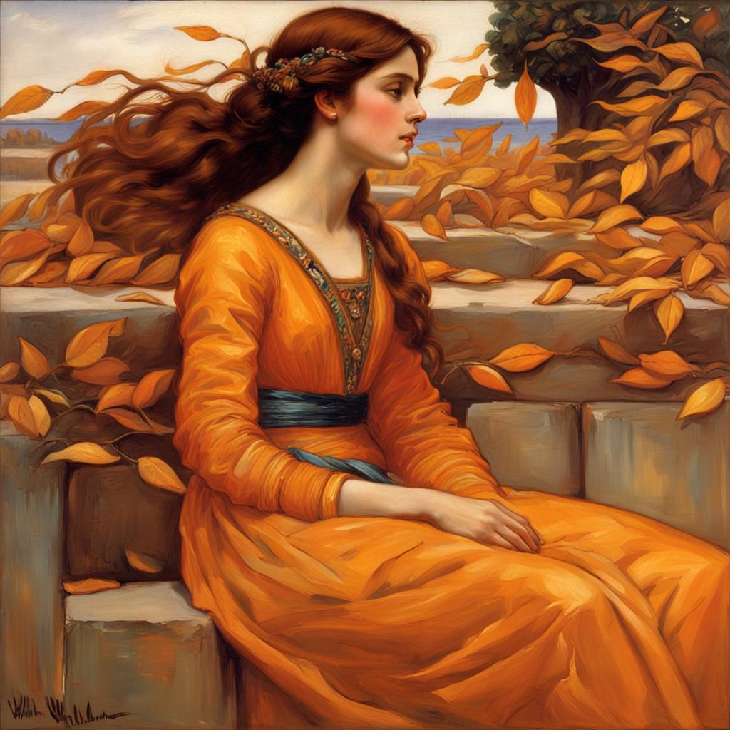 Woman in Autumnal 풍경 Inspired by Waterhouse