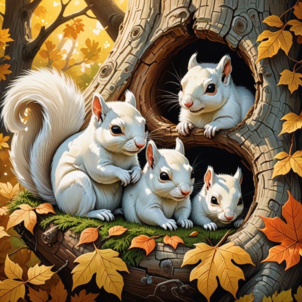 Whimsical White Squirrel Family in Tree Hole
