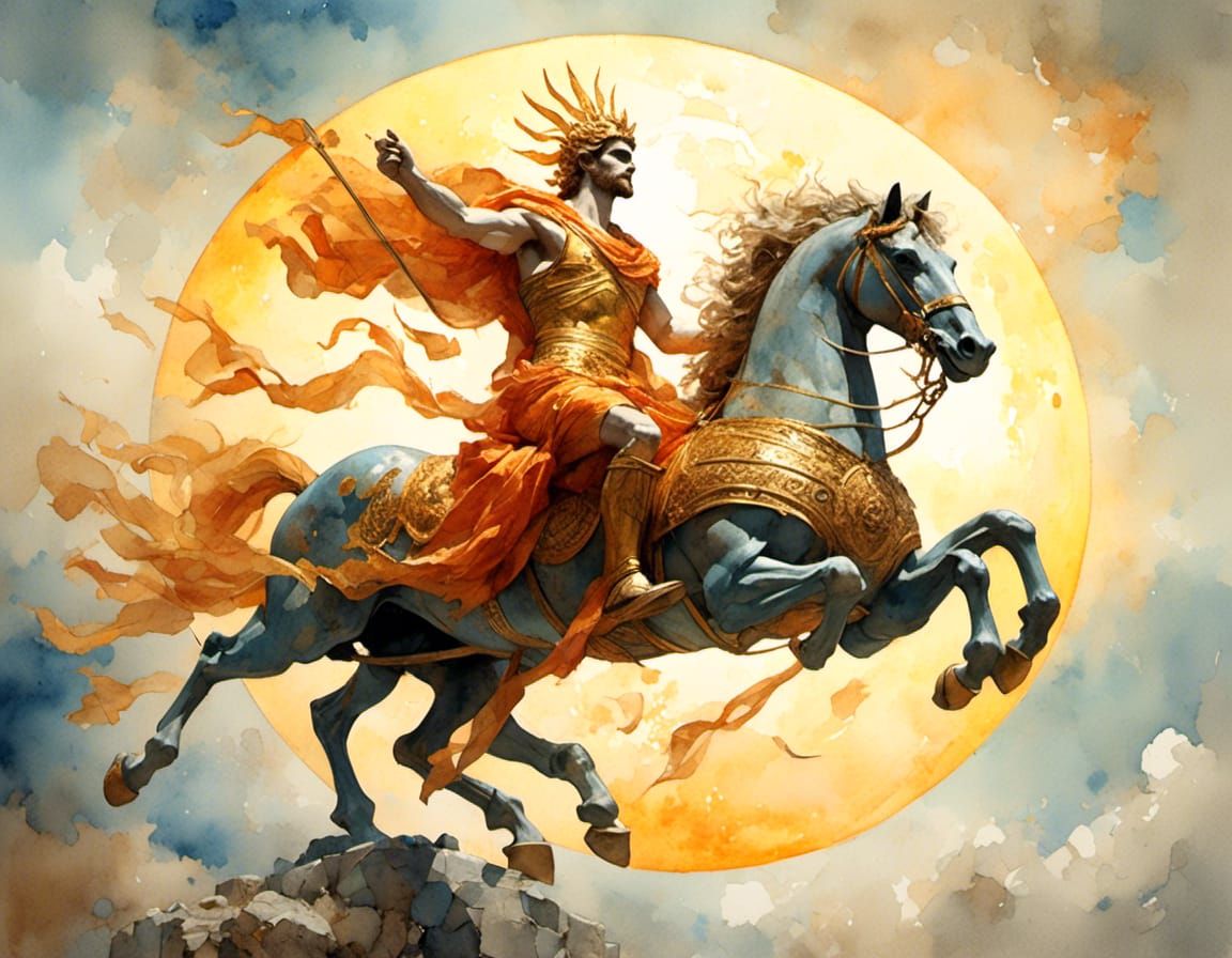 Helios, Greek God of Sun in Antique Watercolor