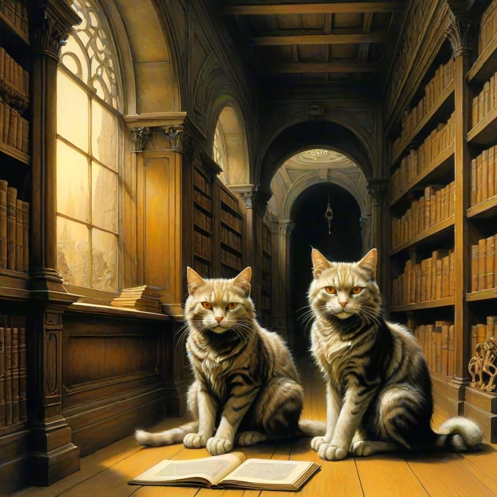 Feline Scholars in a Vintage Library Setting