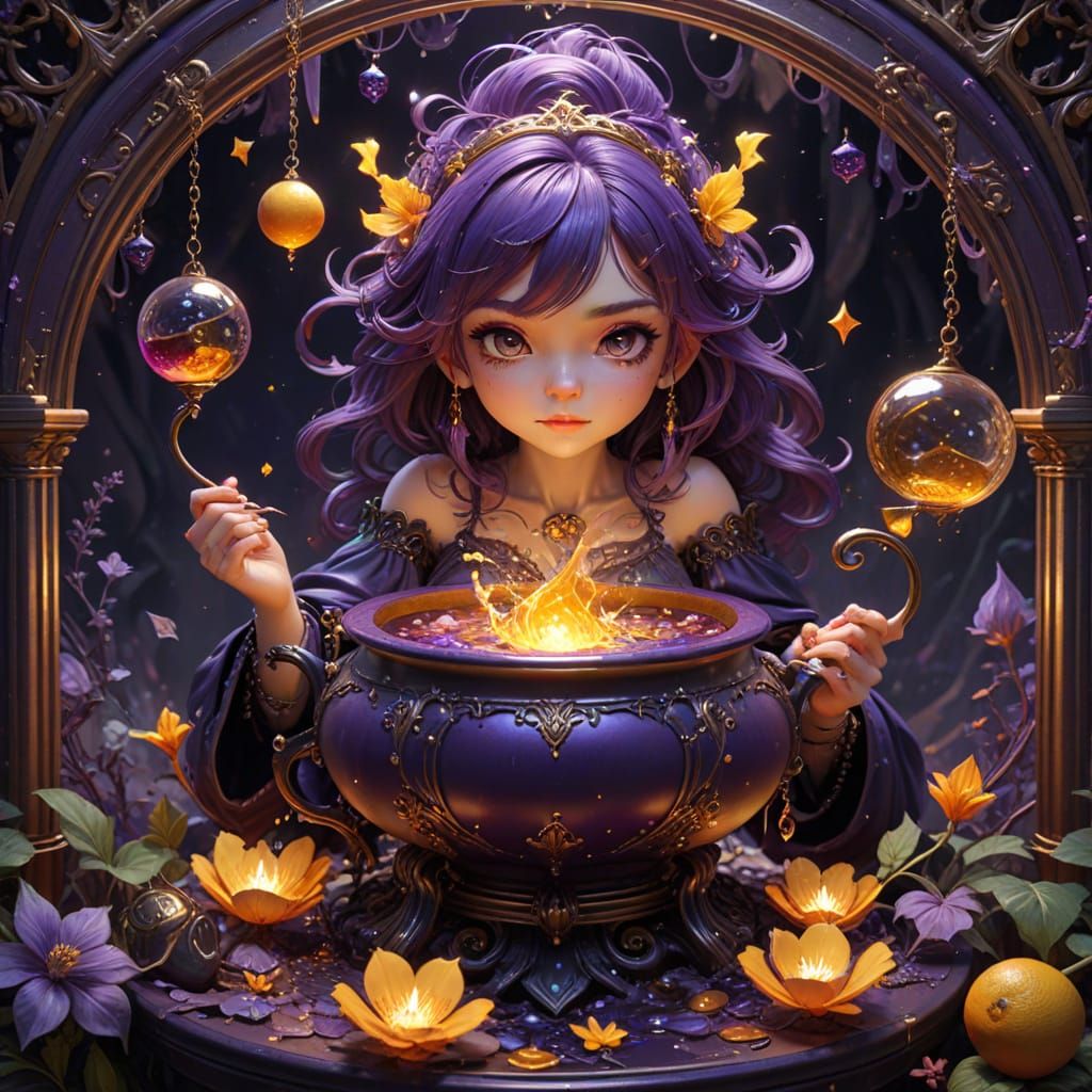 Chibi Witch Brewing Potion in Dark Fantasy Style