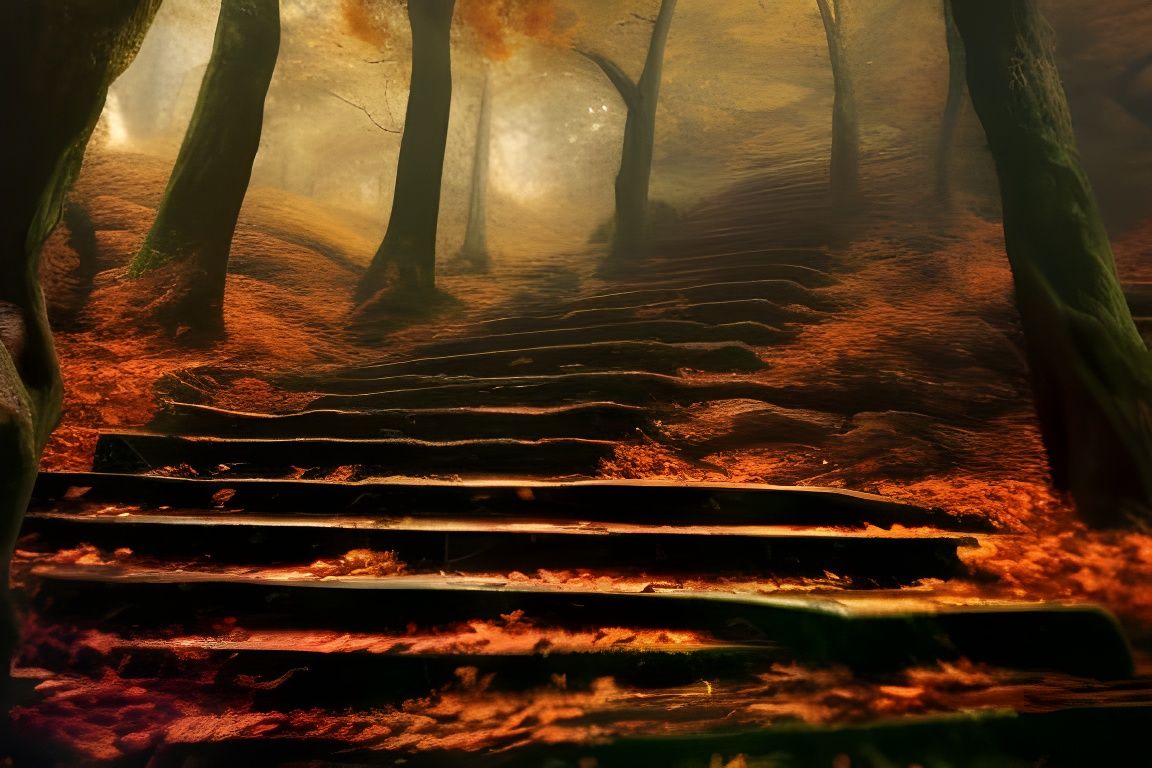 Autumn Forest Stone Steps in Dark Fantasy Style