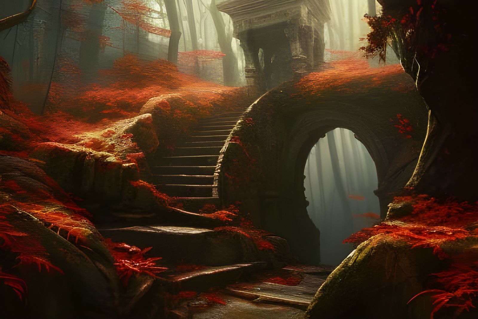 Epic Stone Stairs in Autumn Forest, Digital Painting