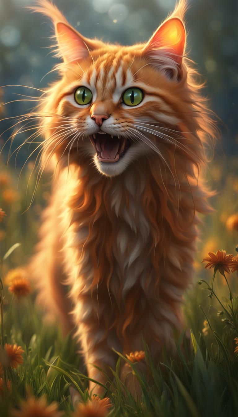 Ginger Cat Leaping in Misty Meadow
