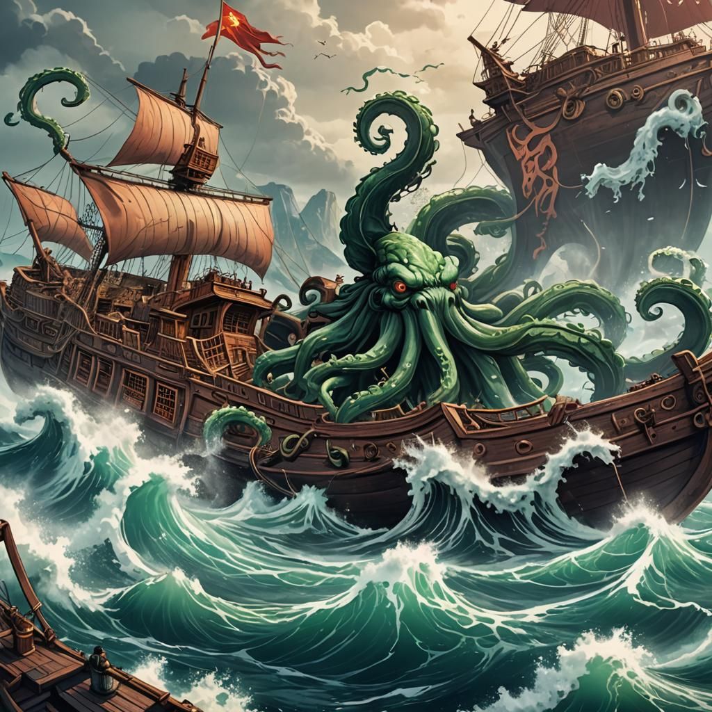 Kraken Attacks Chinese Junk in Anime Style