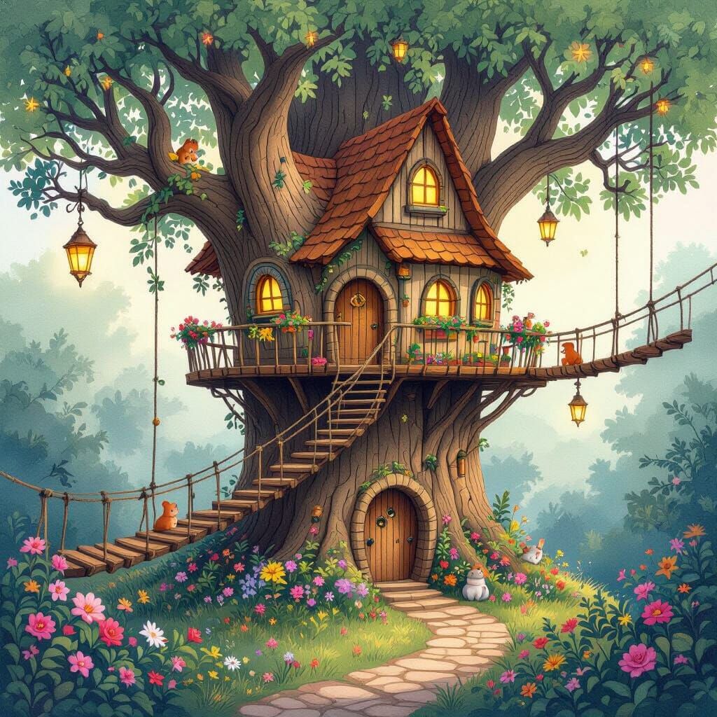 Whimsical Rainforest Treehouse Village in Watercolor Style