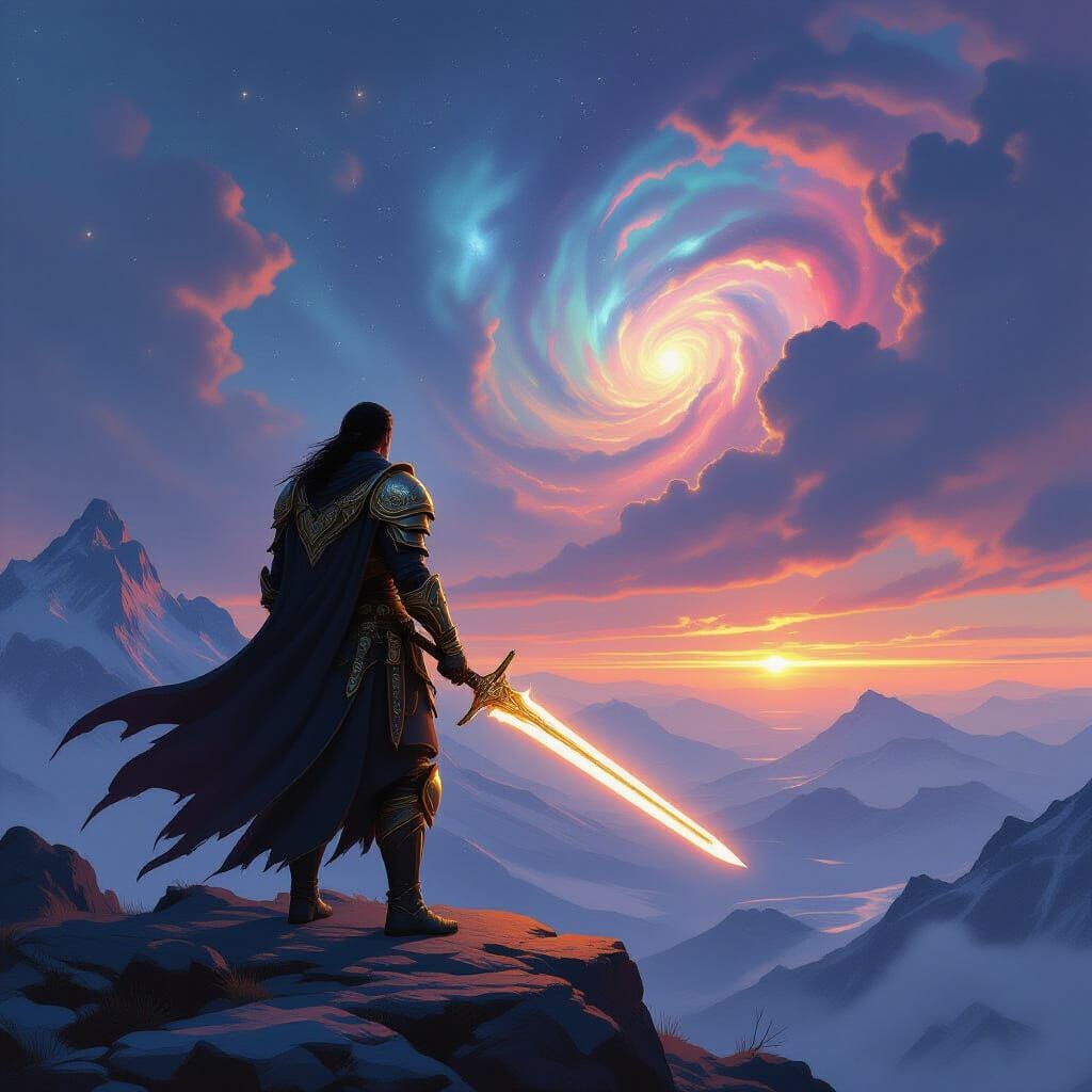 Warrior on Windswept Peak with Ethereal Sword