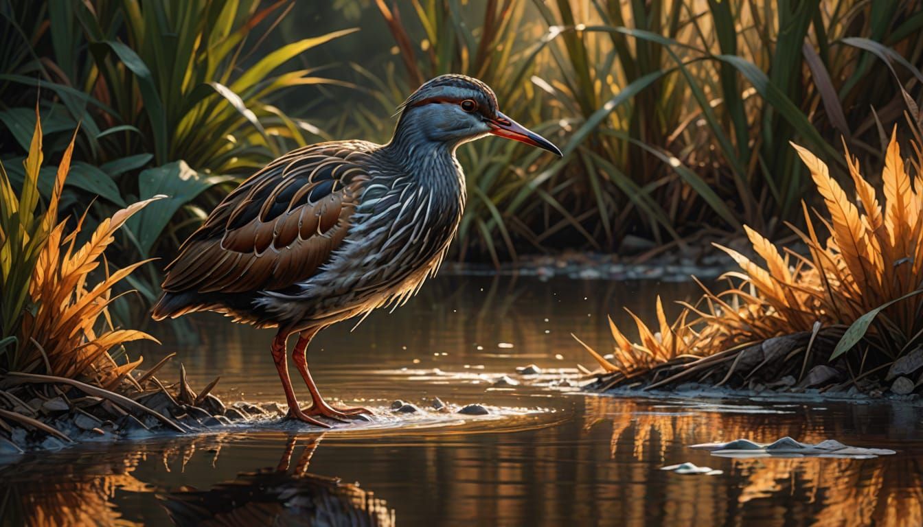 Water Rail at River's Edge in Splash Art Style