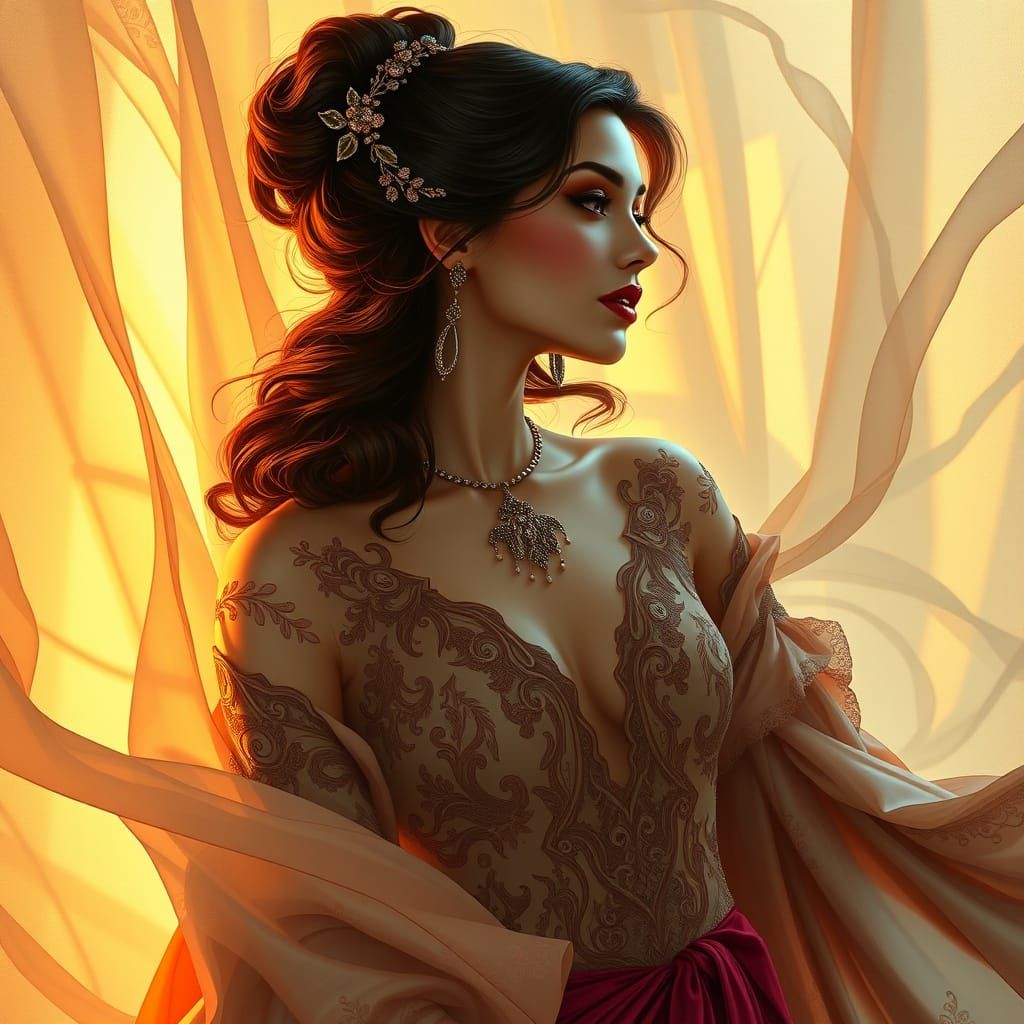 Elegant Woman in Flowing Attire, Inspired by Art Nouveau Mas...