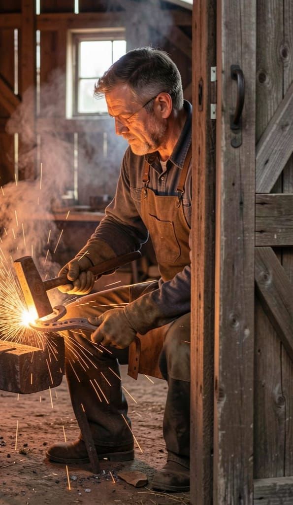 Farrier Forging Horseshoe with Flying Sparks at Forge