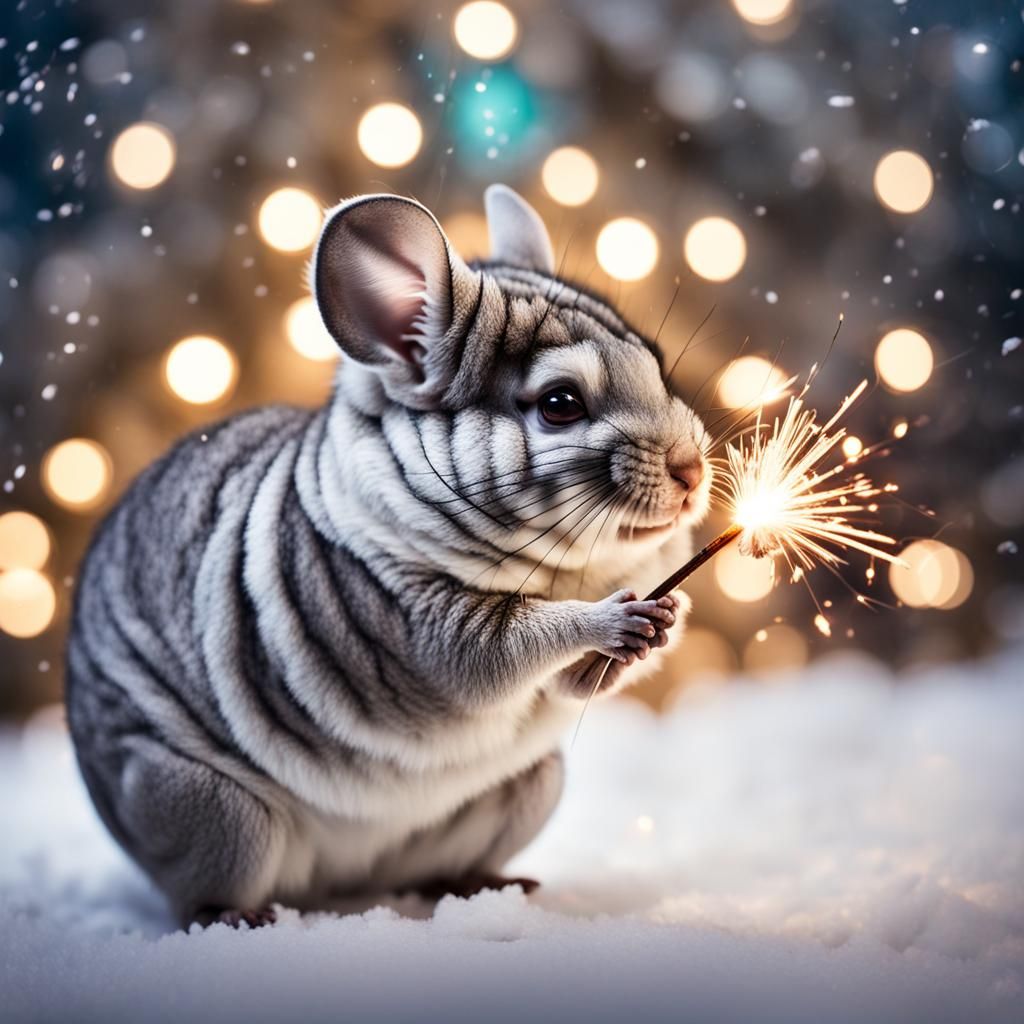 Smiling Chinchilla with Sparkler in Snowy Scene