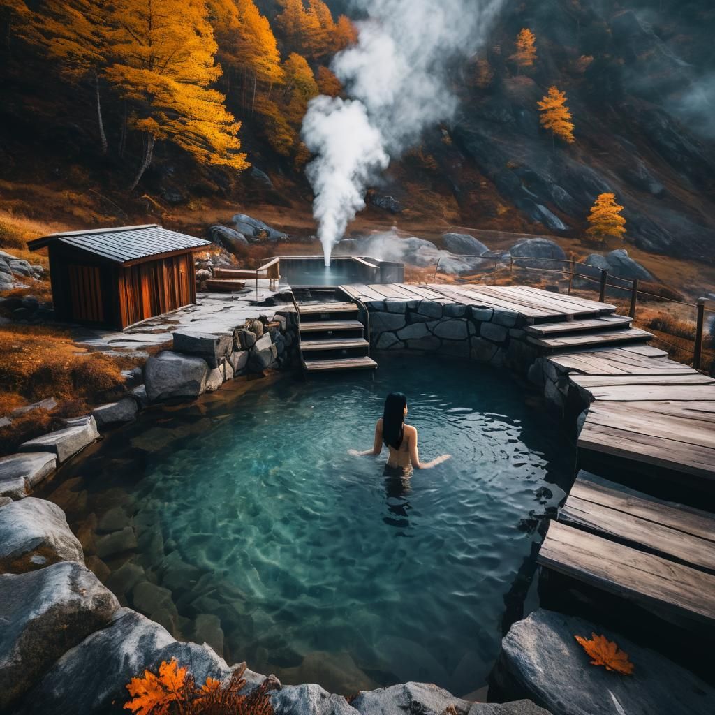 Woman Relaxing in Autumn Mountain Hot Spring