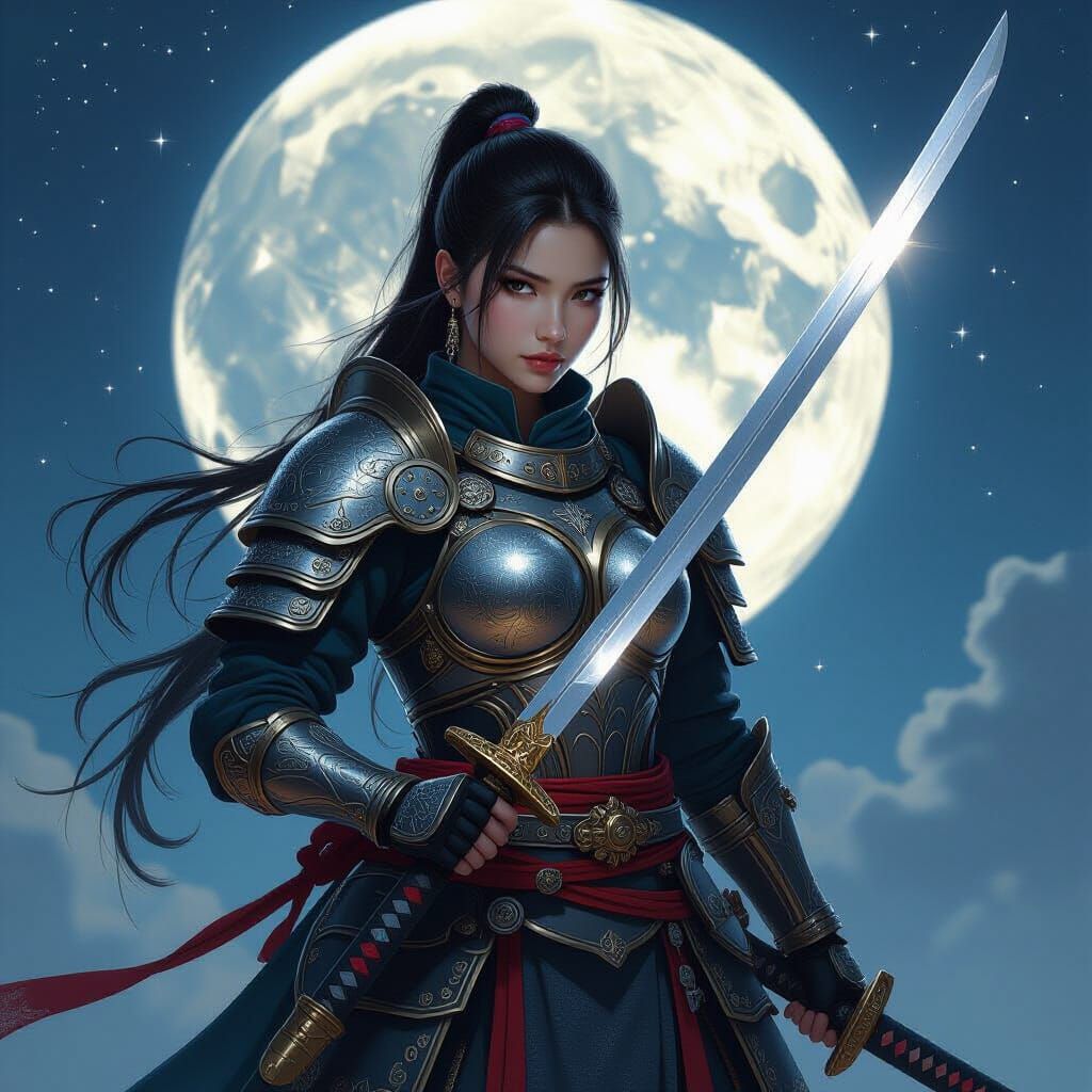Cyberpunk Warrior Maiden with Katana Under Moonlight