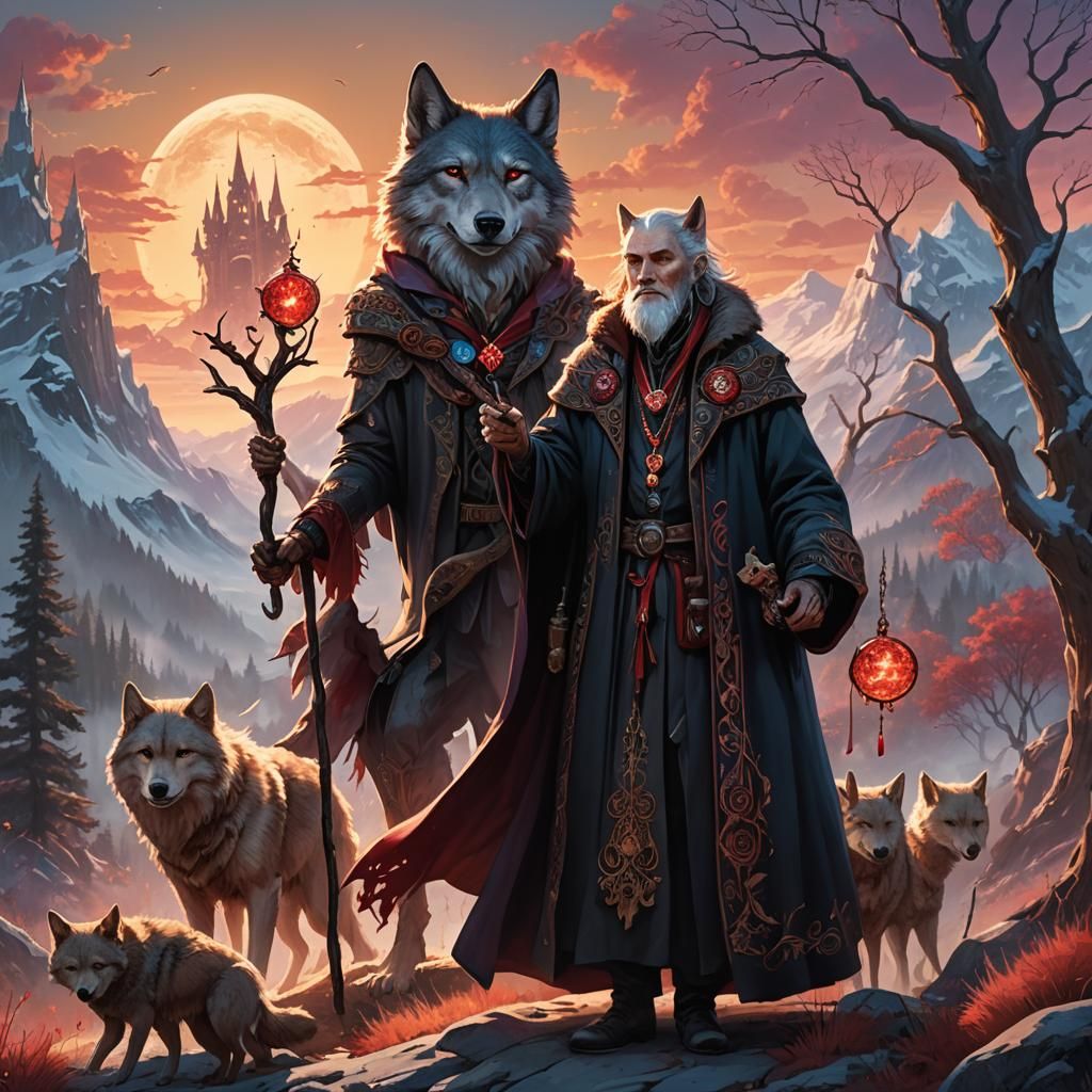 Wizard Reveka with Wolves and Teddy Bear in Fantasy Art