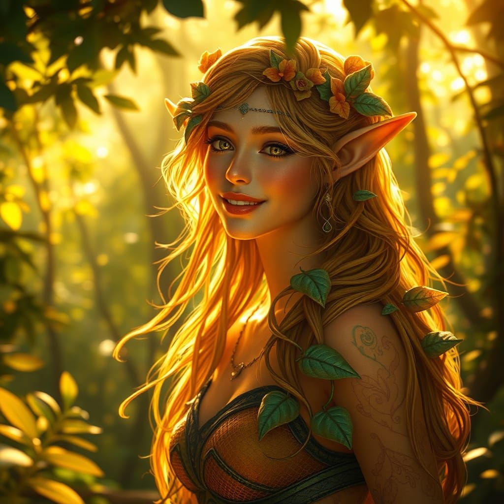Ethereal Elf in Enchanted Forest: Art Nouveau Style