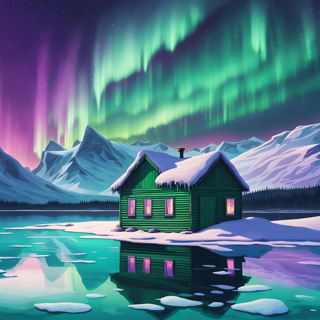 Frozen Lake Cabin Under Aurora, Digital Landscape Art