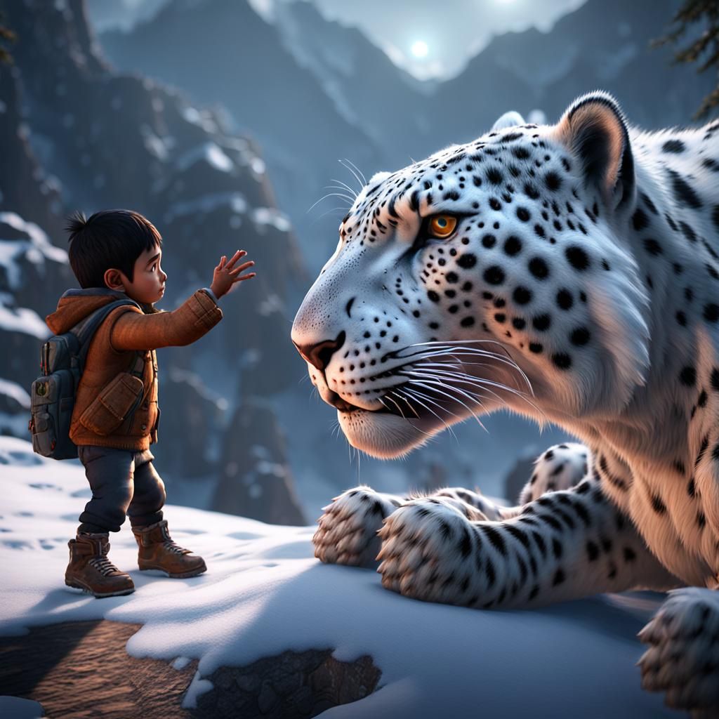 Nepali Kid and Snow Leopard in 3D