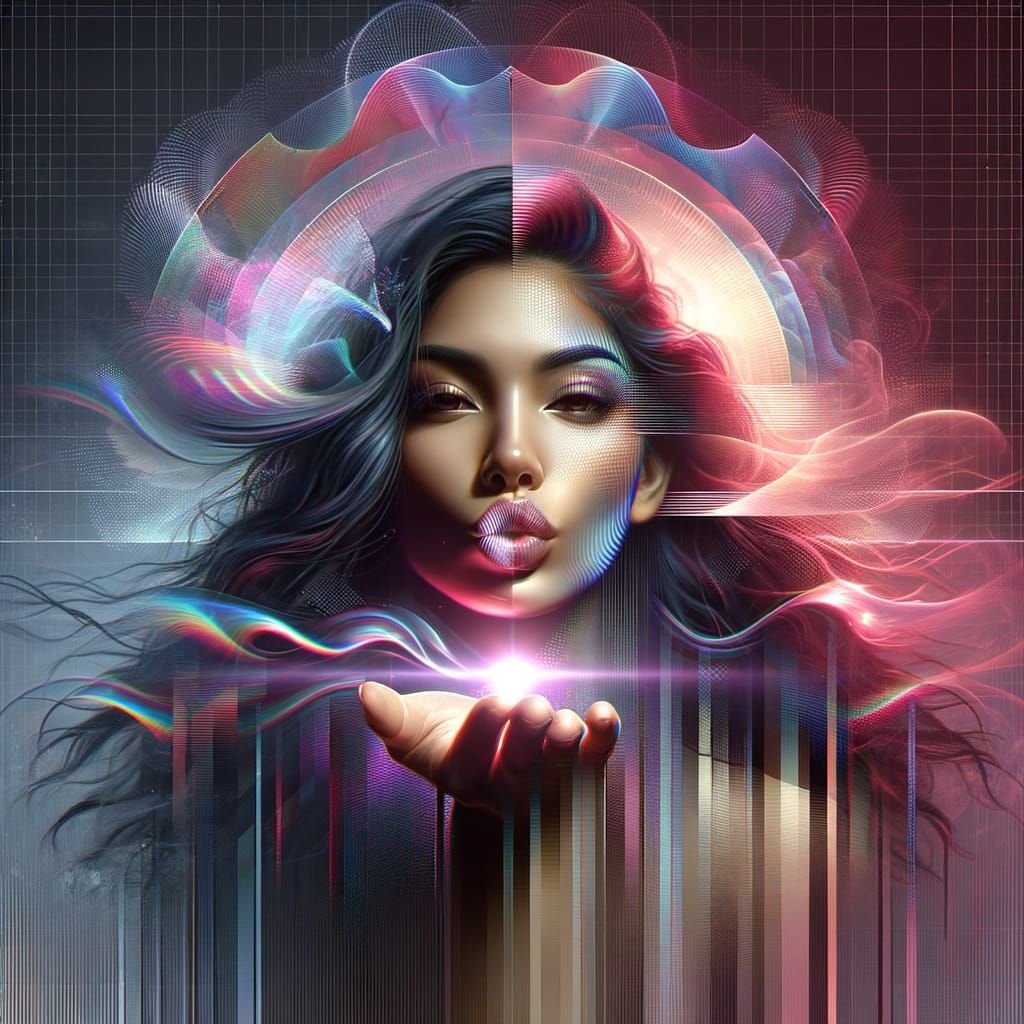 Holographic Portrait of South Asian Woman with Glitch Accent...