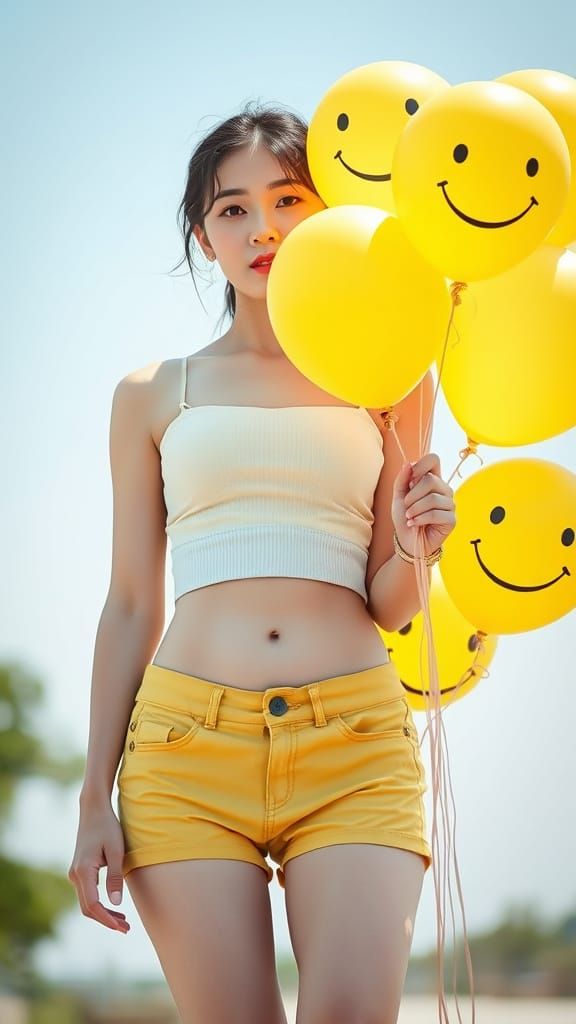 Korean Woman with Balloons in Crop Top and Shorts