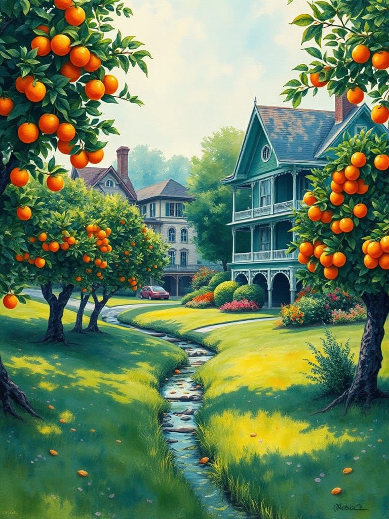 Elegant Victorian Homes in a Serene Orange Orchard