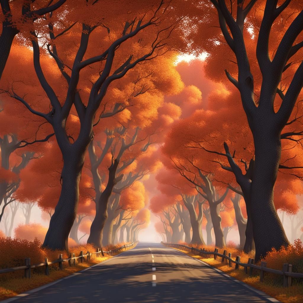 Autumn Road with Orange Trees: Fantasy Concept Art