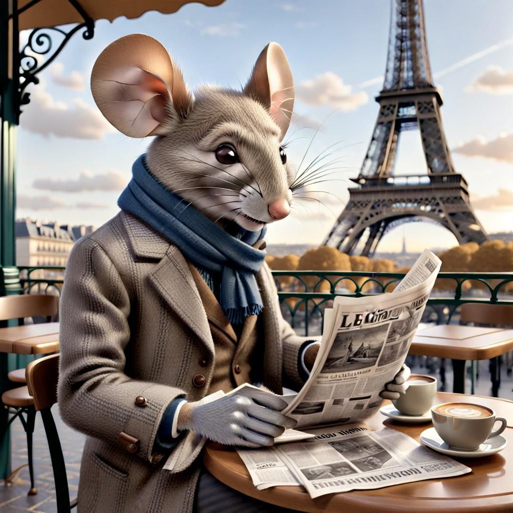 Anthropomorphic Mouse Reads Le Figaro in Paris
