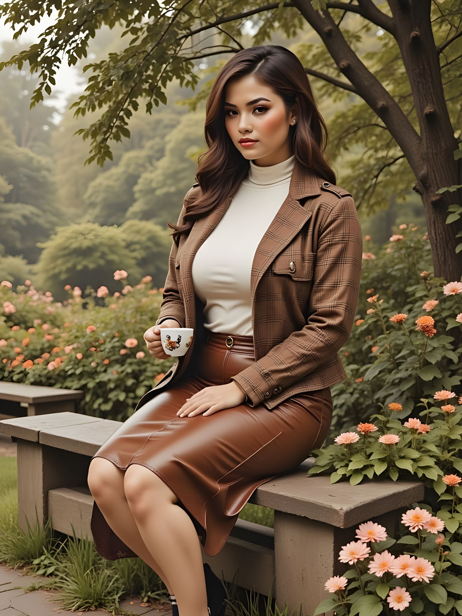 Woman Sipping Coffee in a Garden Oasis