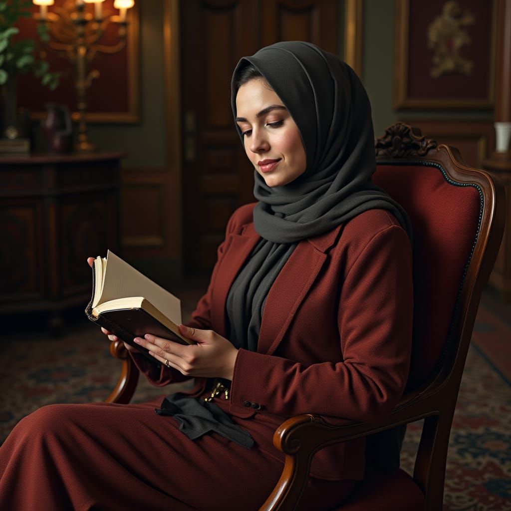 Young Muslim Woman Reads in Elegant Traditional Attire