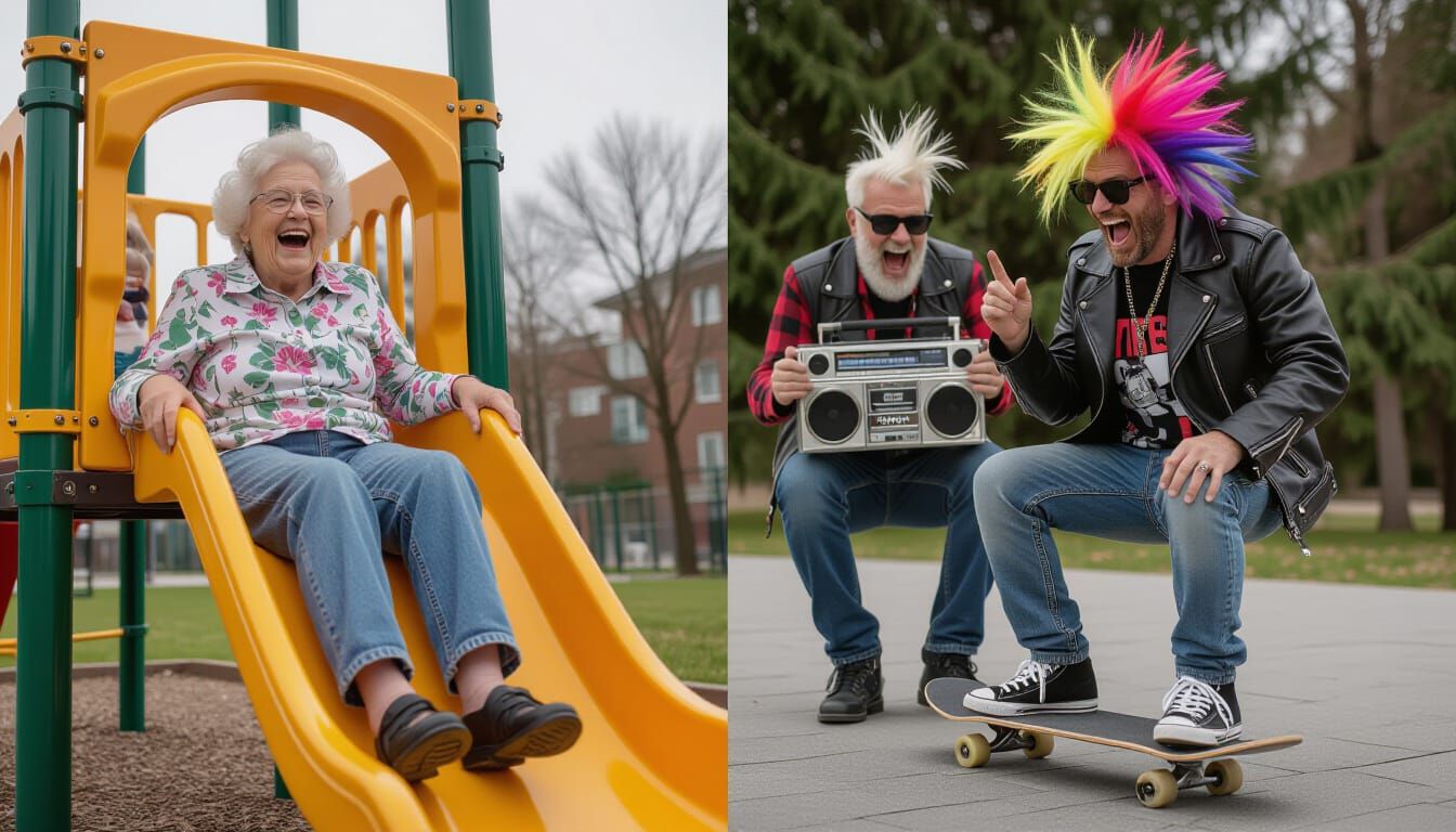 Elderly People Having Fun: A Photorealistic Split Screen
