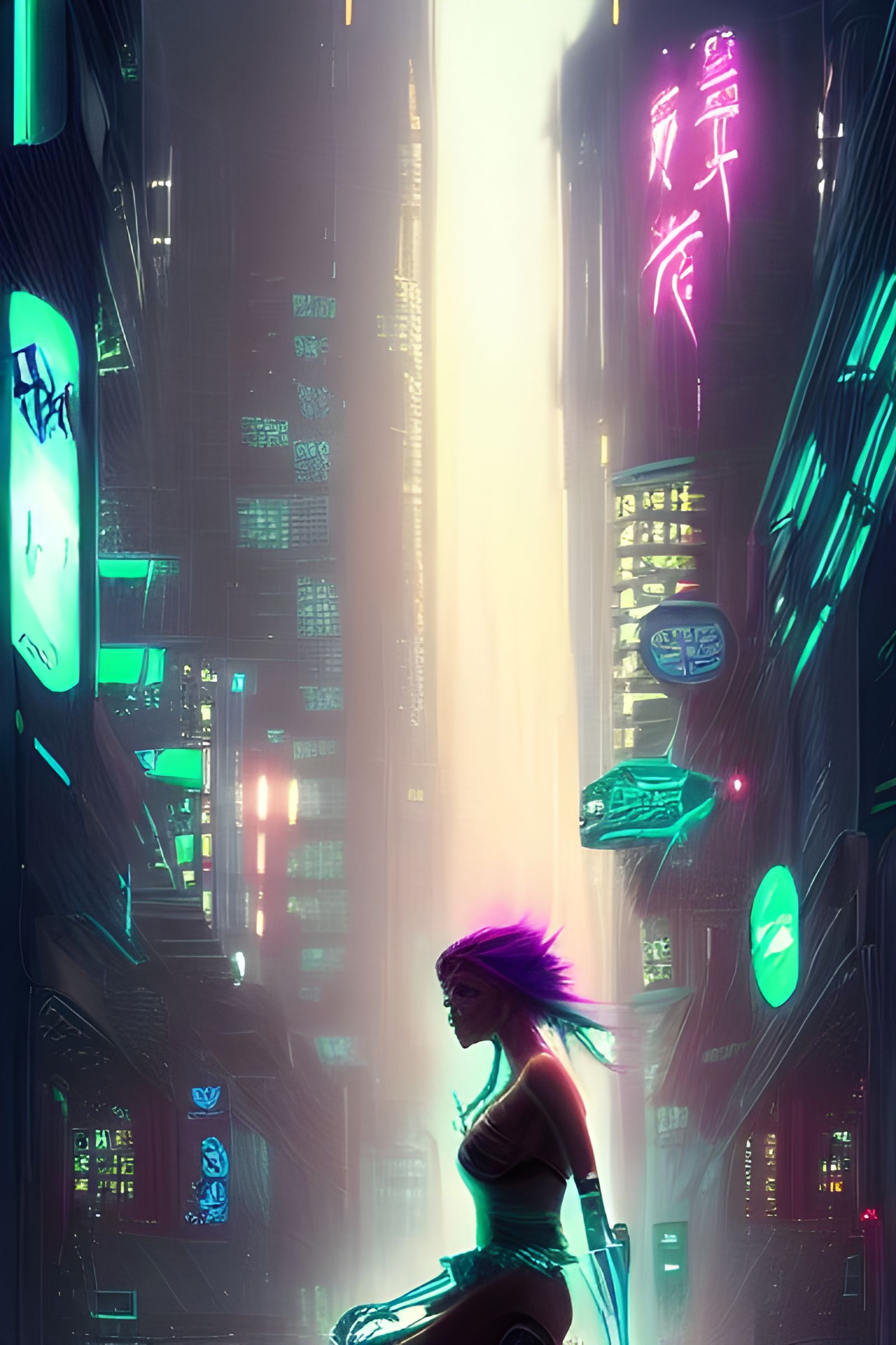 Cyberpunk Goddess with Neon Hair in Cityscape