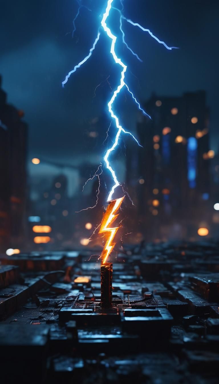 Cyberpunk Lightning Bolt Breathes Fire in Dystopian City