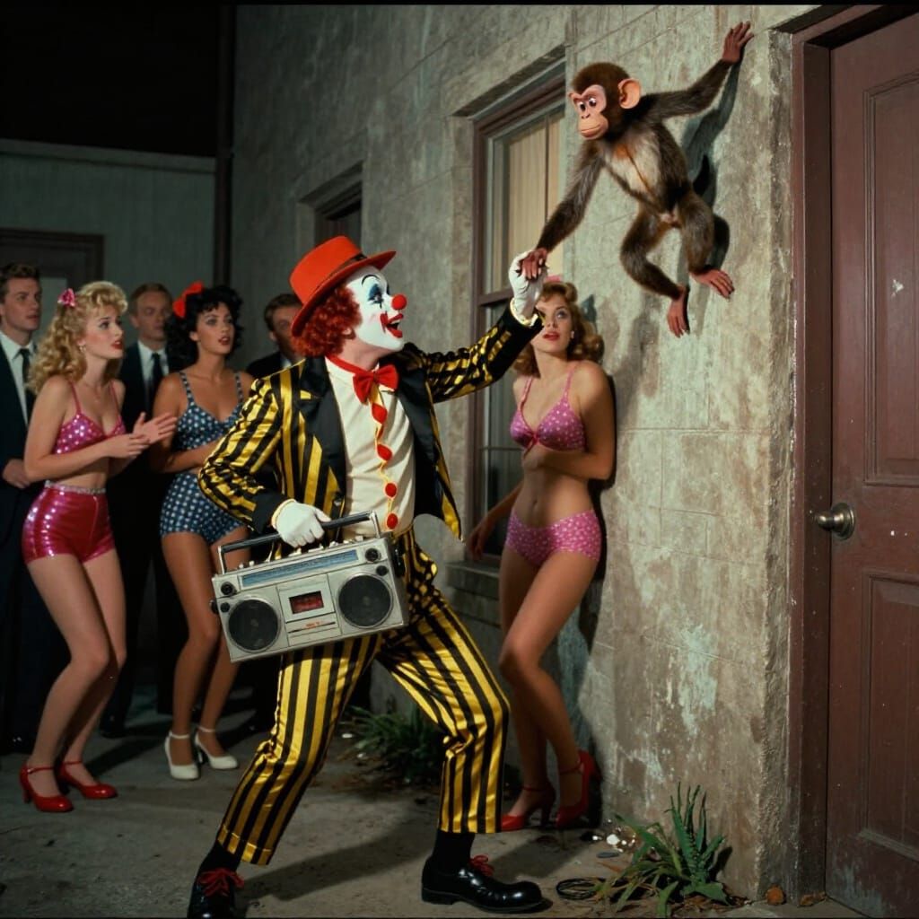 Rockabilly Clown and Monkey Heist in 1950s Retrofuturism