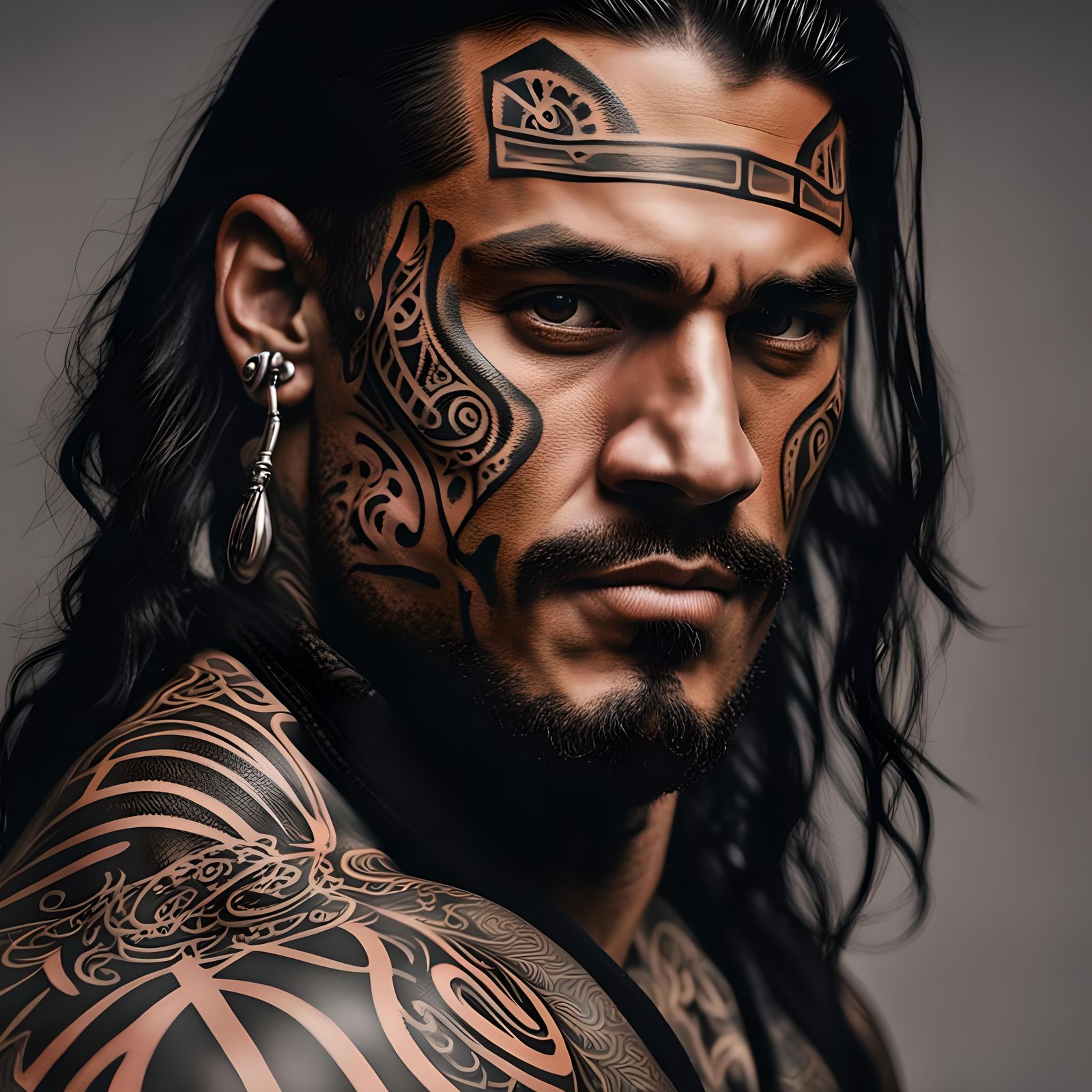 Handsome Maori Man Portrait with Face Tattoos