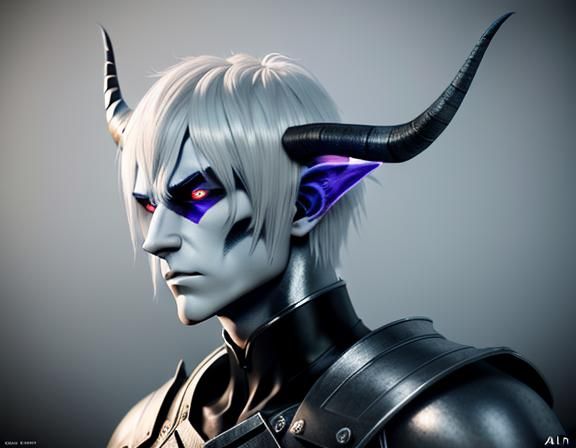 Anime Style Wight Demon with Horns and Black Eyes