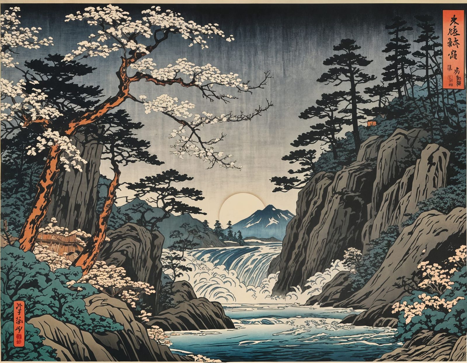 Moonrise Over Mountain Waterfall in Ukiyo-e Style