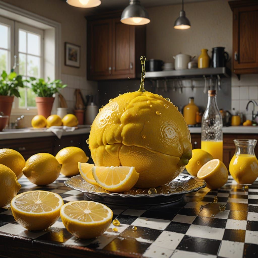 Giant Lemon Levitating in Kitchen: Hyperrealistic Food Photo...