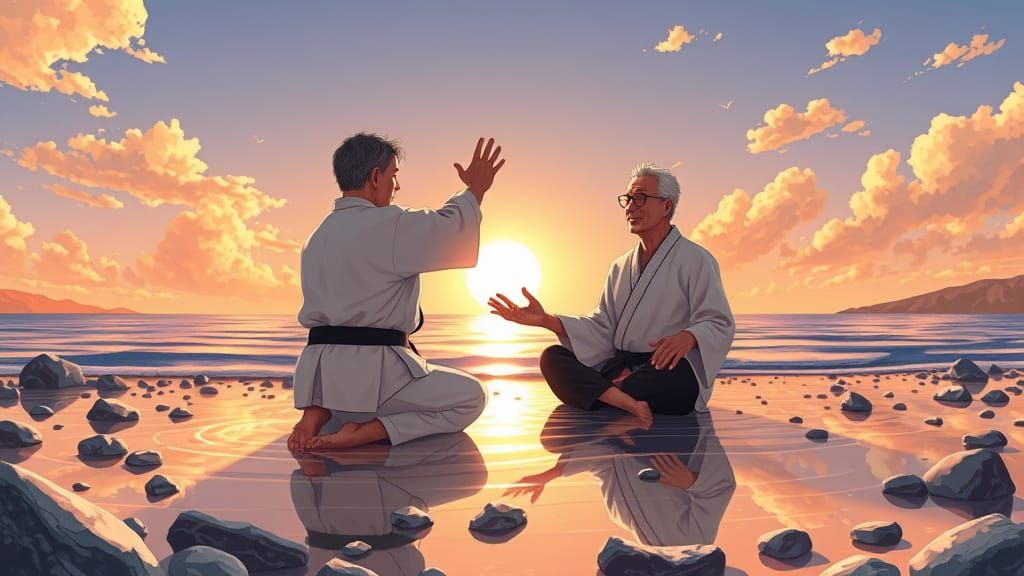 Mr. Miyagi Meditates on Beach: Anime Style