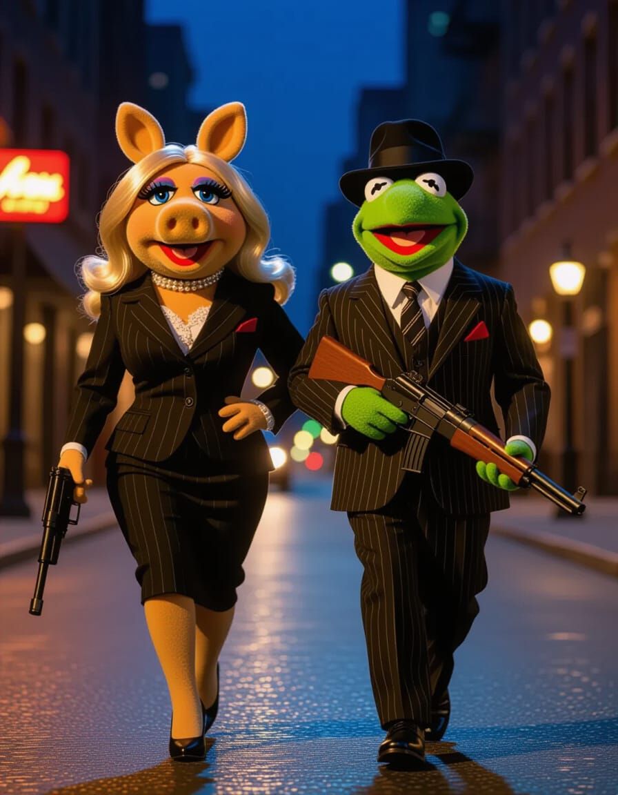 Miss Piggy and Kermit as Retro Gangsters