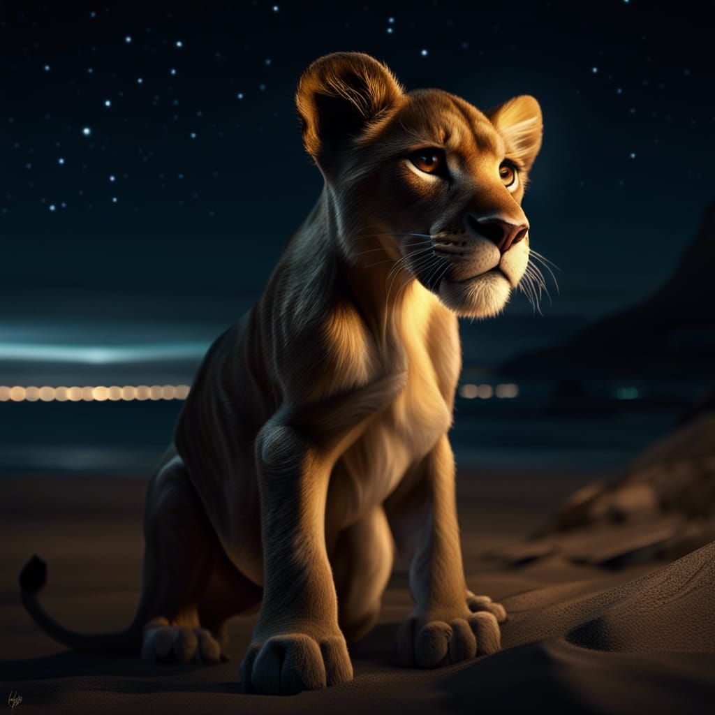 Hyperrealistic Nala on a Beach at Night