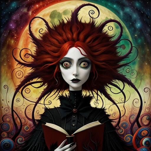 Gothic Redhead Reading: Modern Fairytale in Abstract Style
