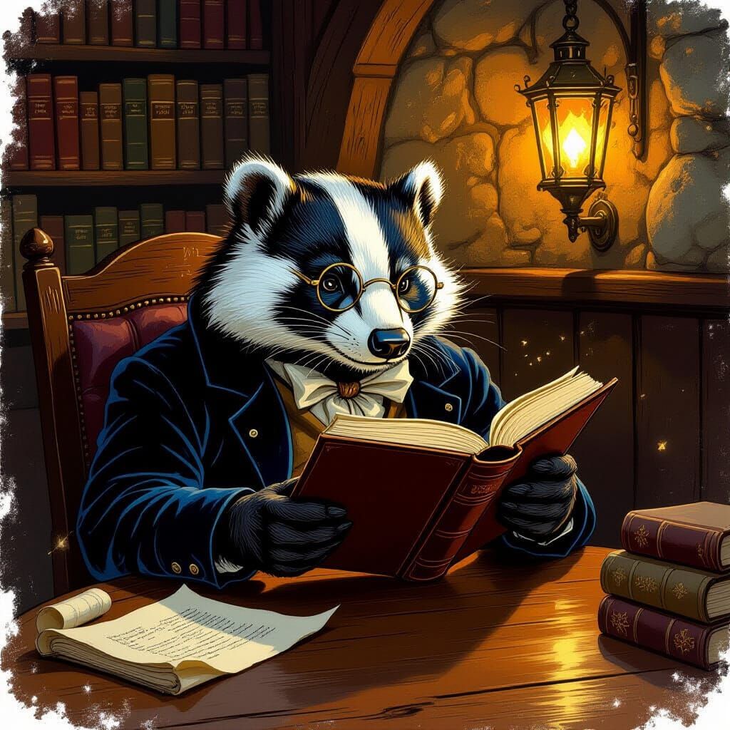 Wise Badger Reads in Cozy Tavern, Storybook Style