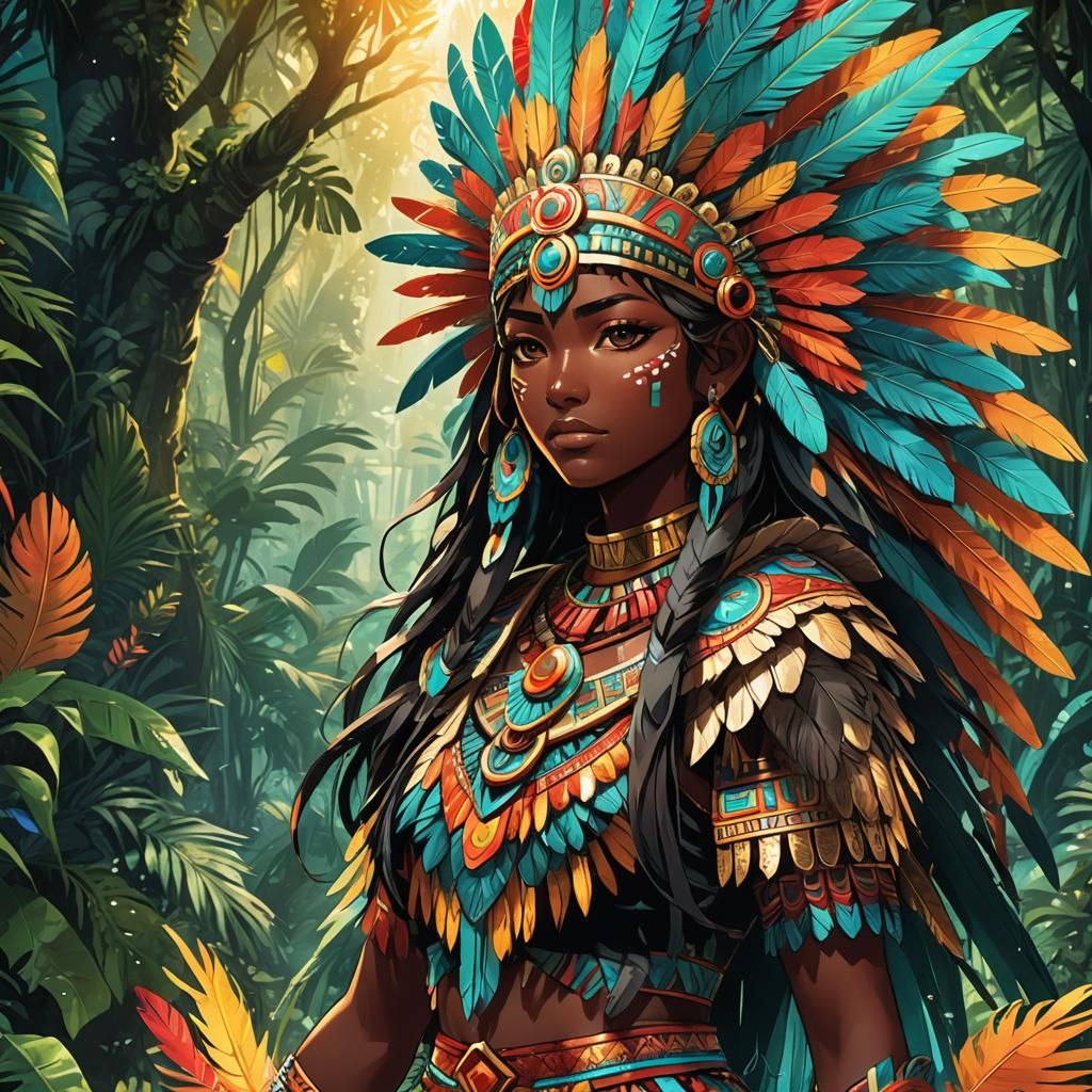 Vibrant Aztec Anime Girl in Mystical Jungle