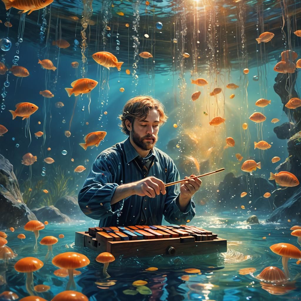 Underwater Xylophone Player in Impressionist Style