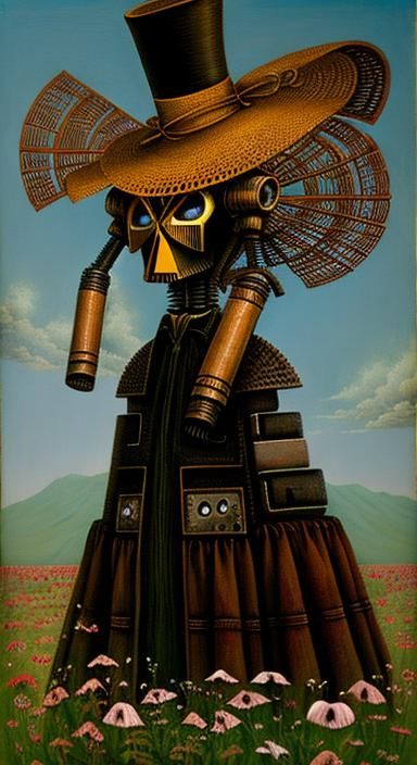 Robot Scarecrow in Tuxedo with Geometric Petunias