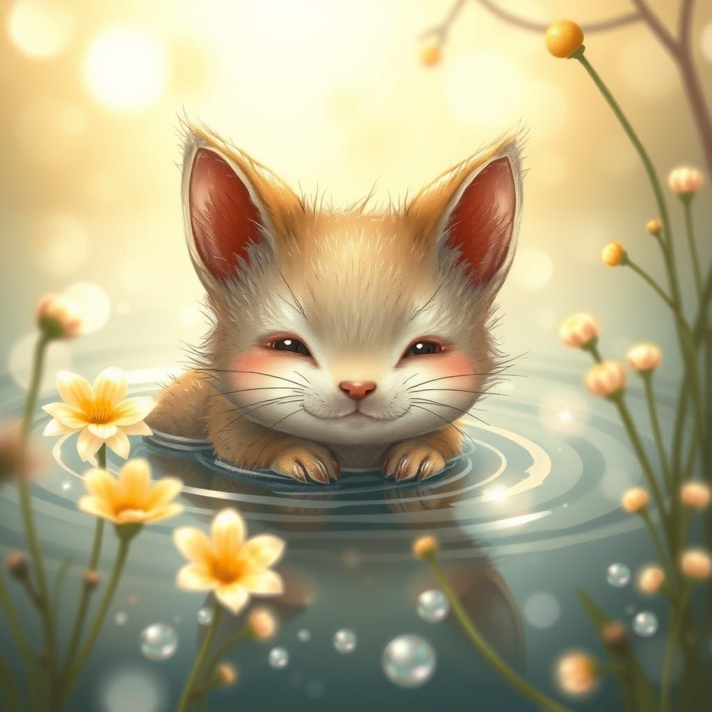 Surreal Whimsical Cat Plays in Sparkling Pond with Raindrops