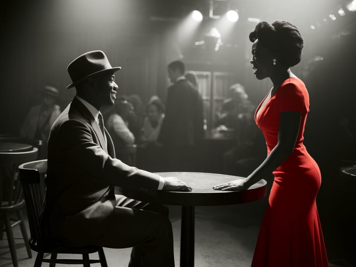 Monochrome Jazz Bar Scene with Woman in Red Dress