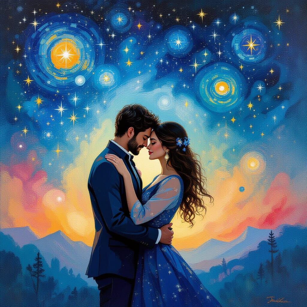 Couple Embrace Under Surreal Starry Sky