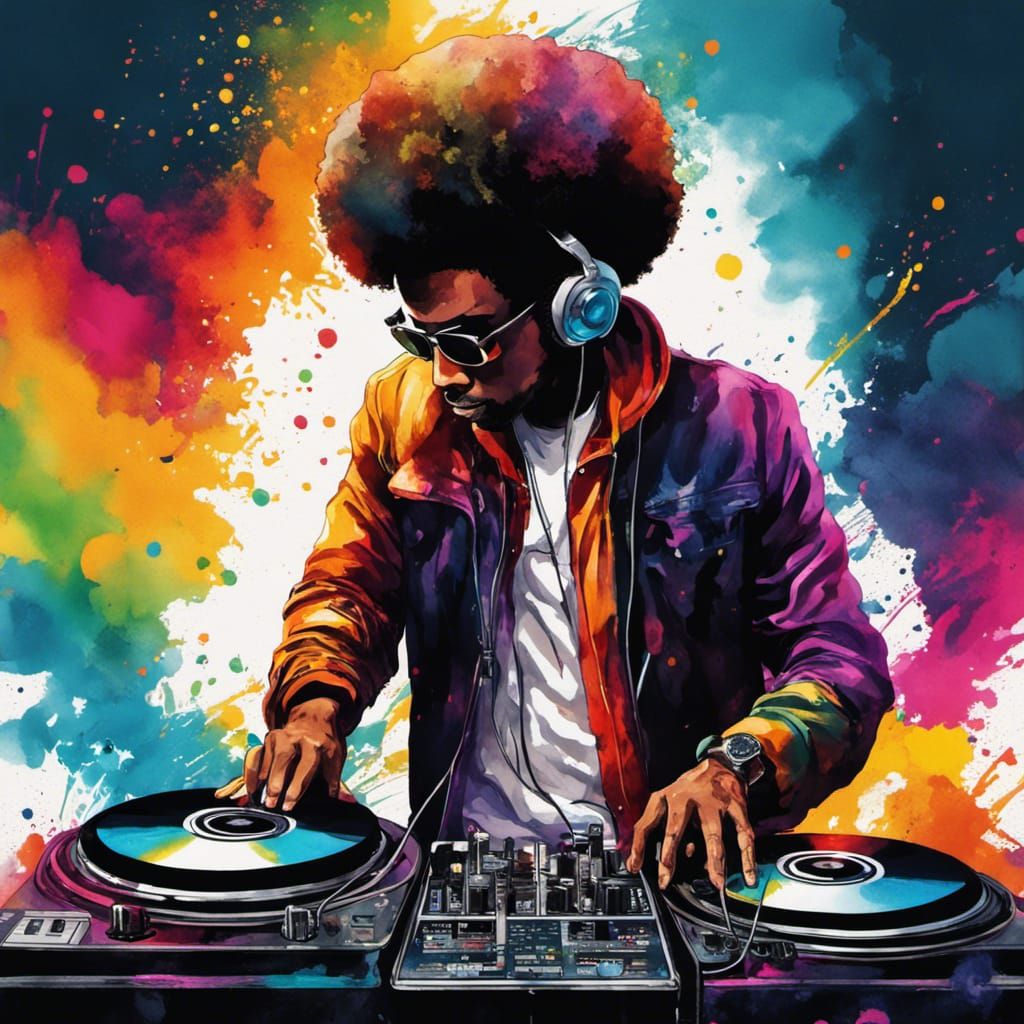 Afro-American DJ in Vibrant Watercolor Graffiti Style